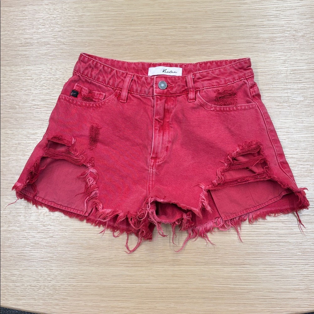 KANCAN | distressed red denim shorts size S